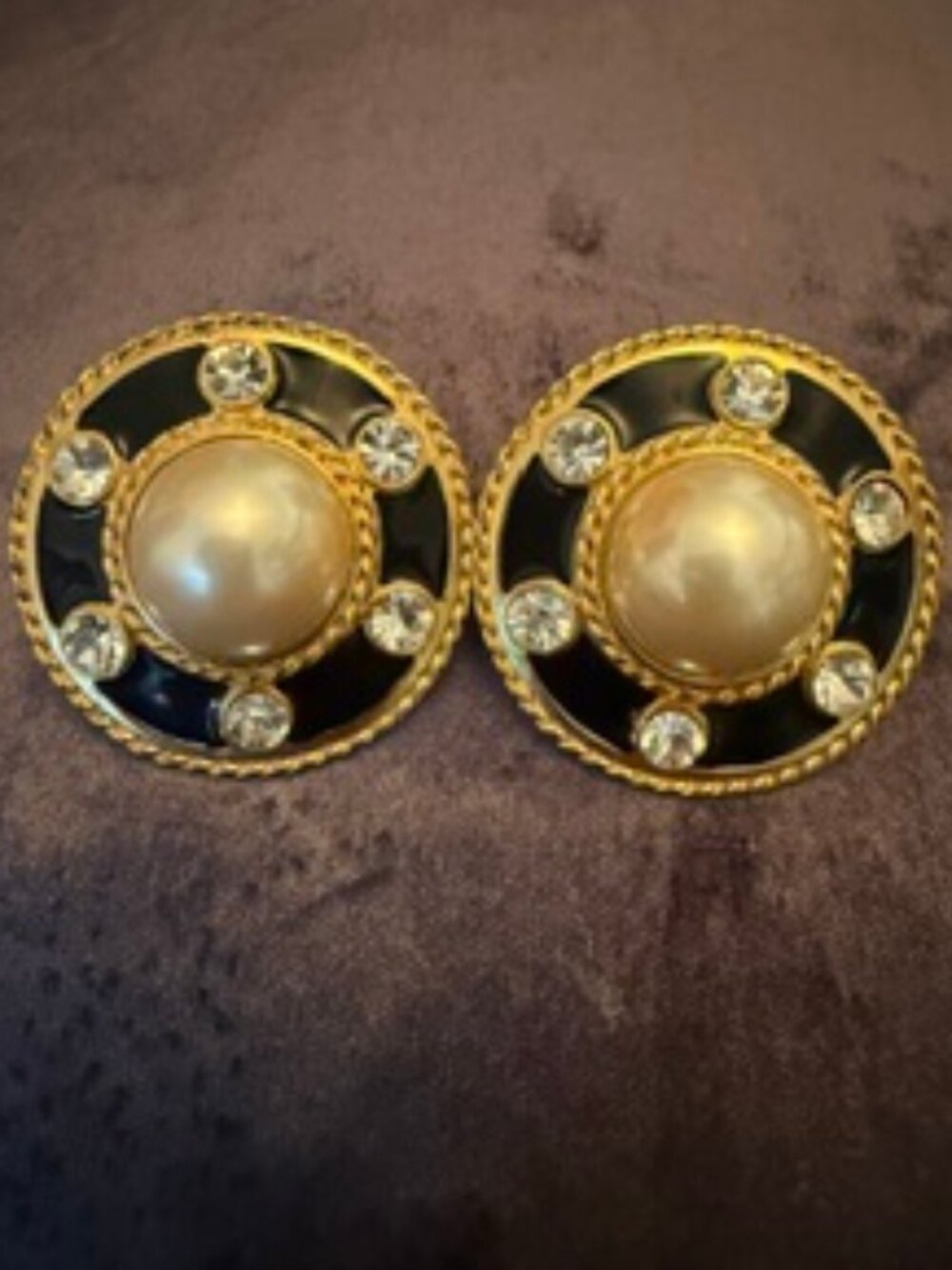 Black Enamel Faux Pearl and Rhinestone clip earrings